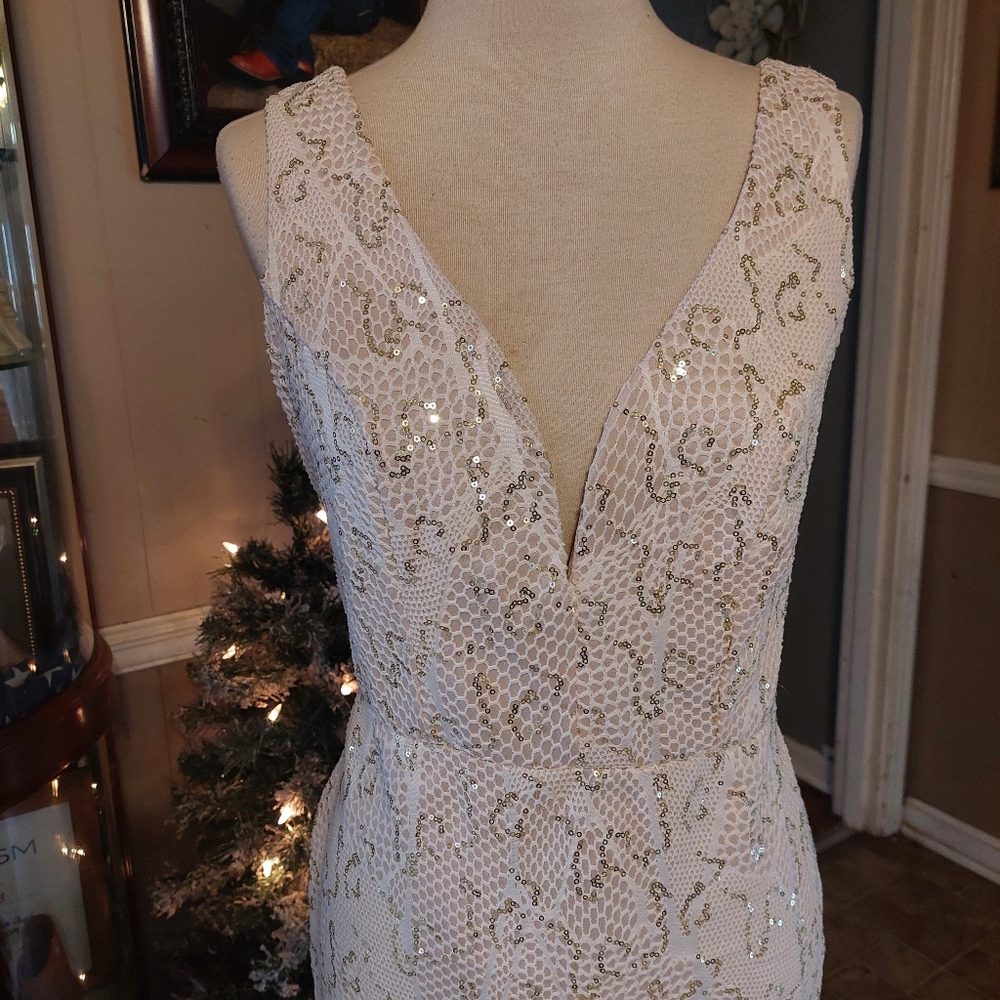 SZ L BAILEY BLUE OFF WHITE/ BEIGE FORMAL DRESS NWOT
